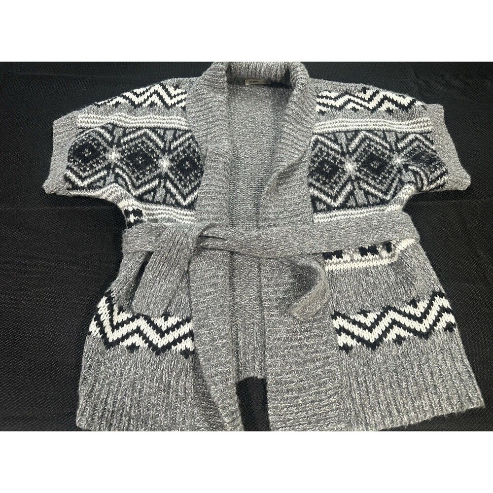 Old Navy Women’s LG Wool Blend Belted Cardigan, Short Sleeve Gray Geometric Knit